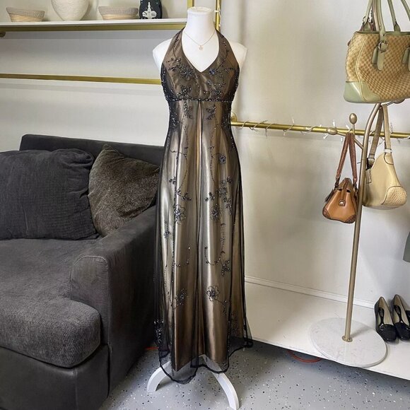 Vintage betsy adams Prom Dress Maxi Gown 4 gold 90s Y2K Goth Ombre Mesh Grunge - Picture 1 of 15